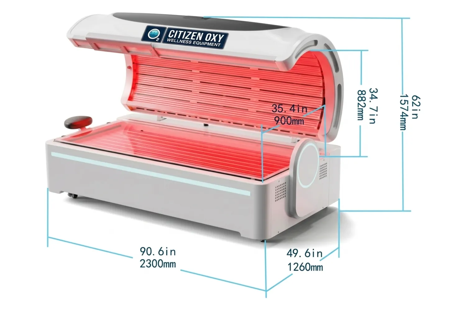 PBM Red Light Therapy Chamber, open showing red light array